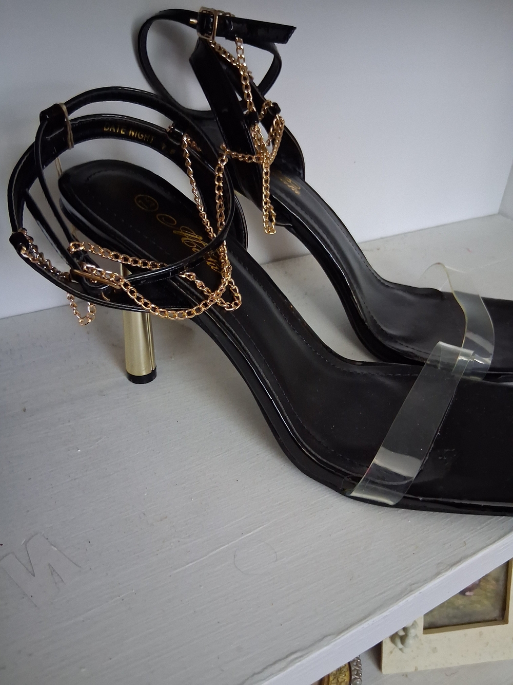 Black & Gold Chain Ankle-Strap Heels - Women Shoes